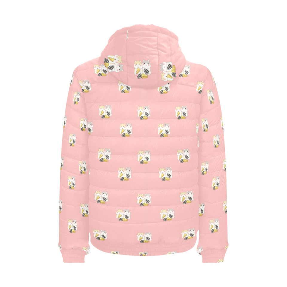 Cute hamster cheese pattern pink background Men's Padded Hooded Jacket