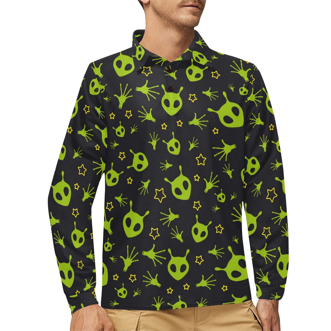 Alien Pattern Print Design 02 Men's Long Sleeve Polo Shirt