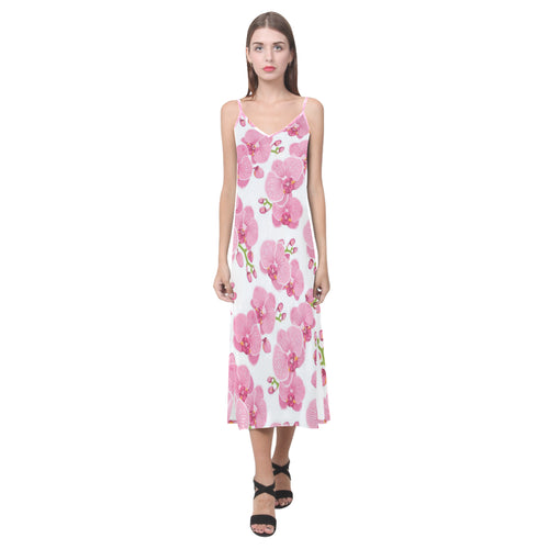 pink purple orchid pattern background V-Neck Open Fork Long Dress