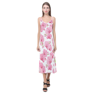 pink purple orchid pattern background V-Neck Open Fork Long Dress