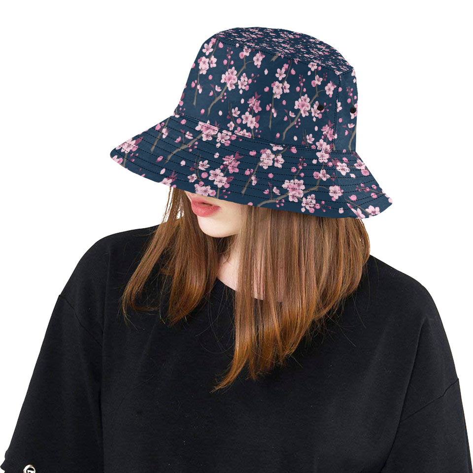 Pink sakura cherry blossom blue background Unisex Bucket Hat