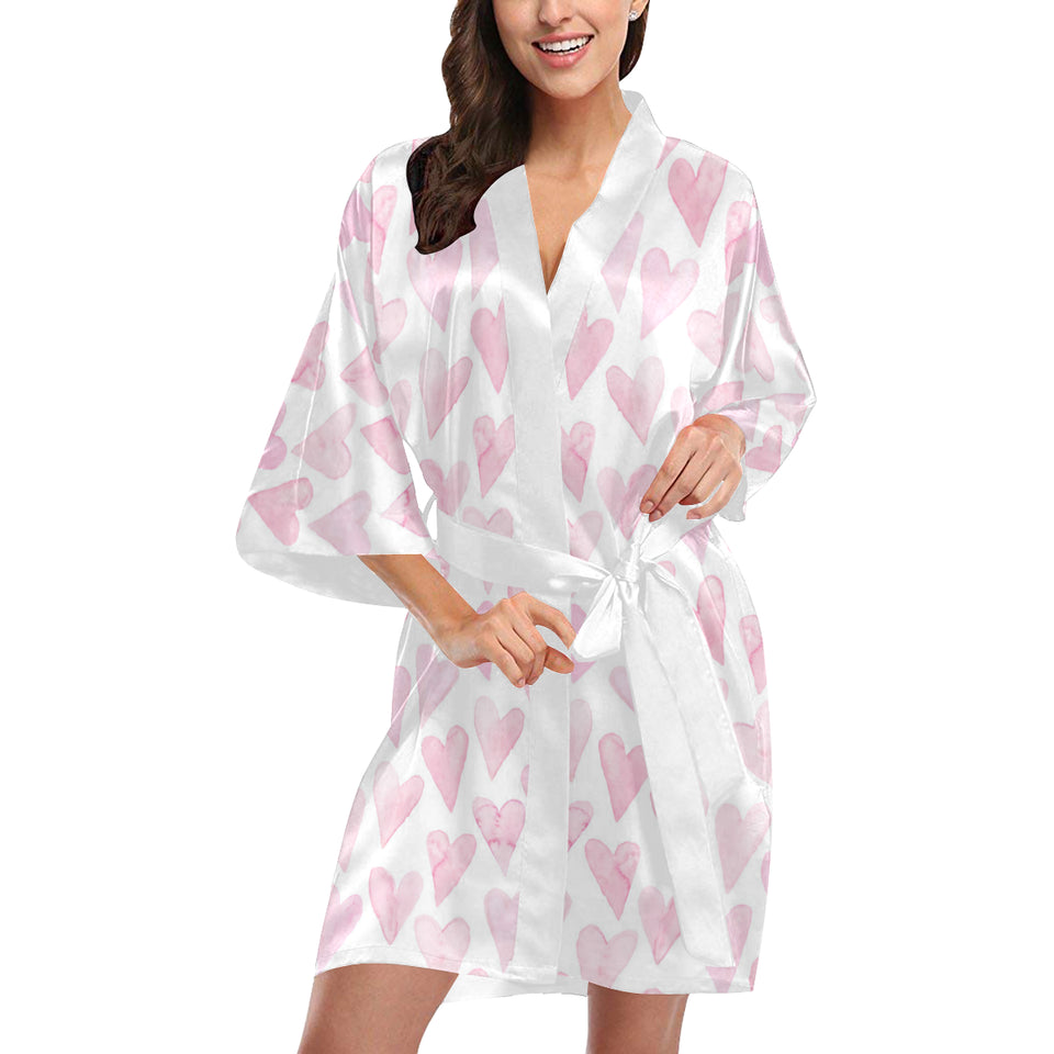 Watercolor pink heart pattern Women's Short Kimono Robe