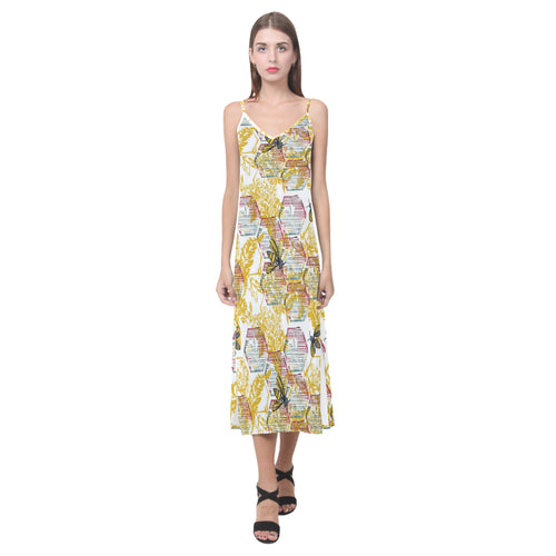 Cool Bee honeycomb leaves pattern V-Neck Open Fork Long Dress