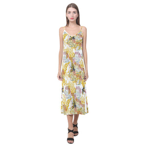 Cool Bee honeycomb leaves pattern V-Neck Open Fork Long Dress