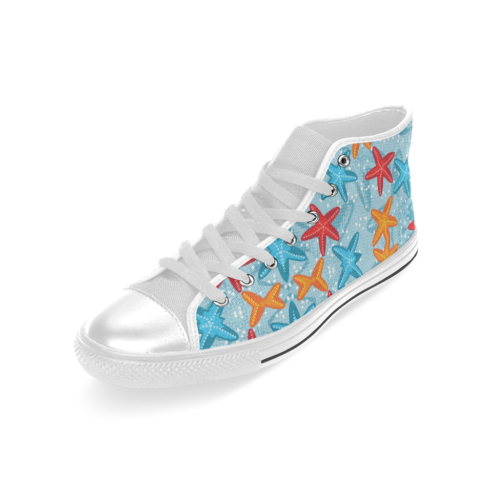 Blue red orange starfish pattern Men's High Top Canvas Shoes White