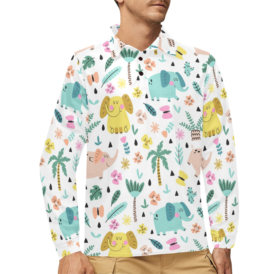 Cute elephants palm tree flower butterfly pattern Men's Long Sleeve Polo Shirt