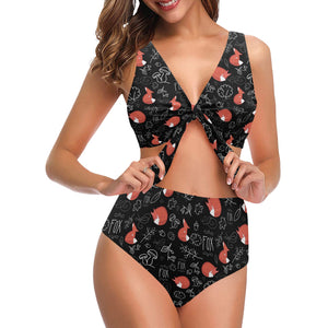 fox sleeping fox pattern Chest Bowknot High Waisted Bikini Swimsuit