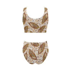 Corn Pattern Print Design 03 Chest Bowknot High Waisted Bikini Swimsuit