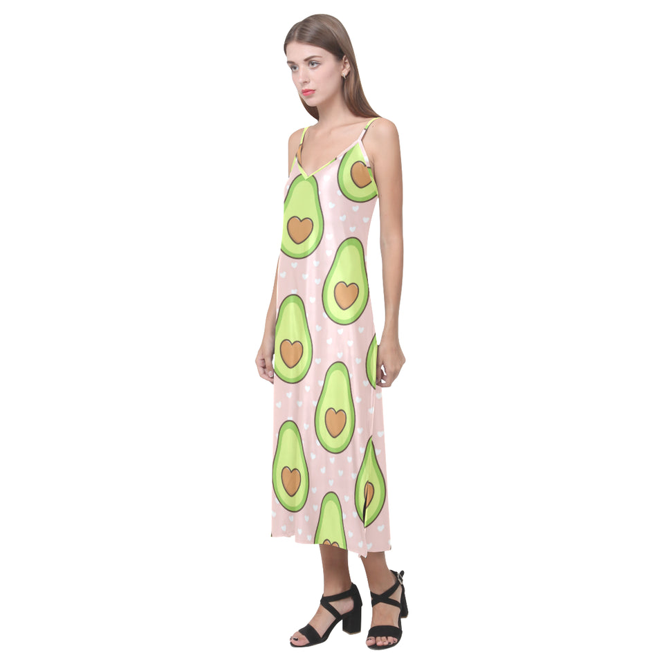 Avocado heart pink background V-Neck Open Fork Long Dress
