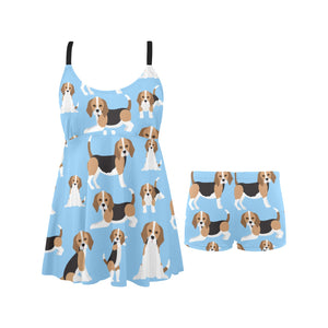 Beagle dog blue background pattern Chest Sexy Pleated Two Piece Swim Dress
