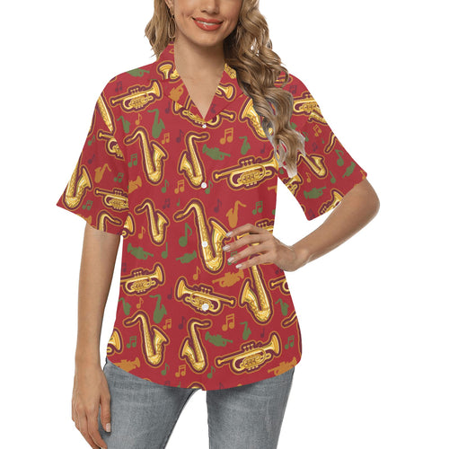 Saxophone cornet pattern red background Women's All Over Print Hawaiian Shirt