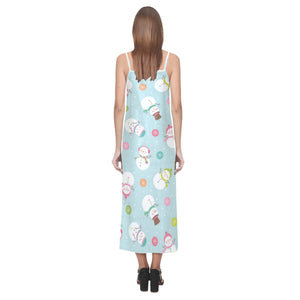 Cute snowman snowflake pattern V-Neck Open Fork Long Dress