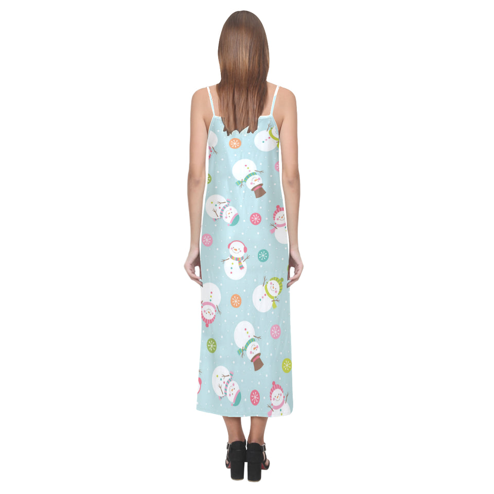 Cute snowman snowflake pattern V-Neck Open Fork Long Dress