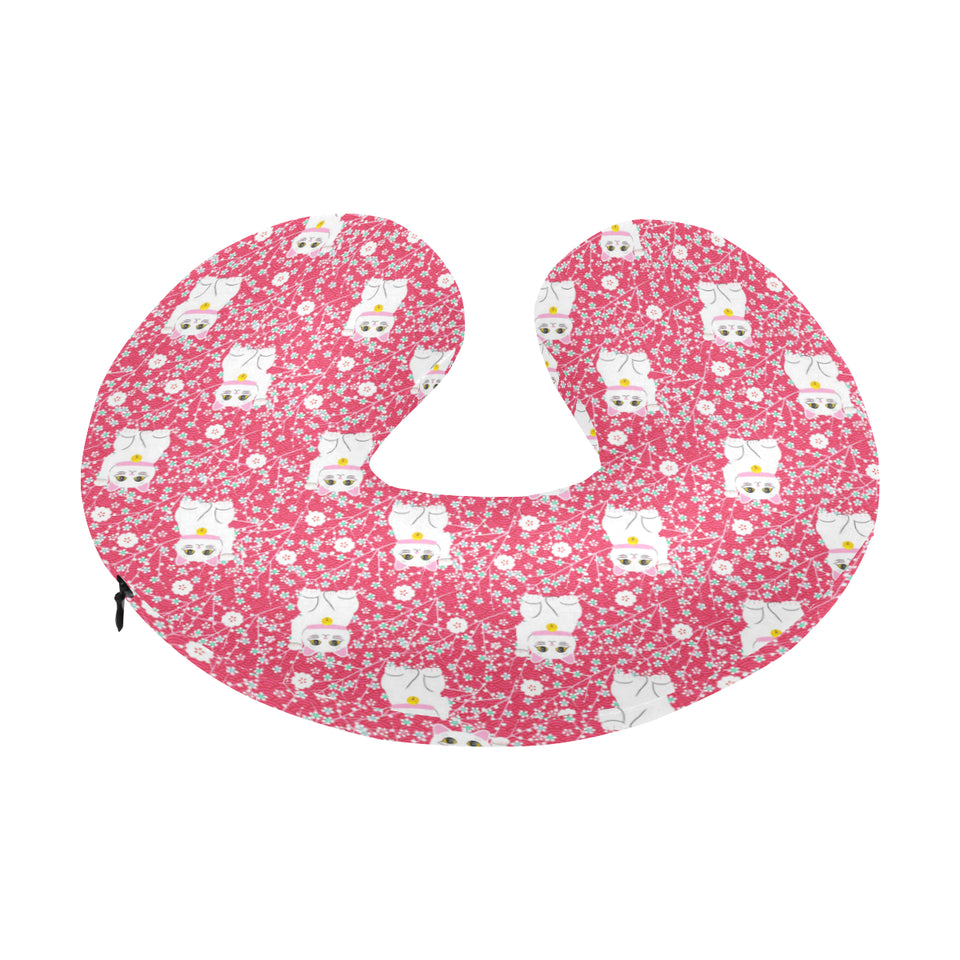 Maneki neko cat sakura pink background U-Shaped Travel Neck Pillow
