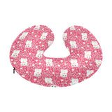 Maneki neko cat sakura pink background U-Shaped Travel Neck Pillow