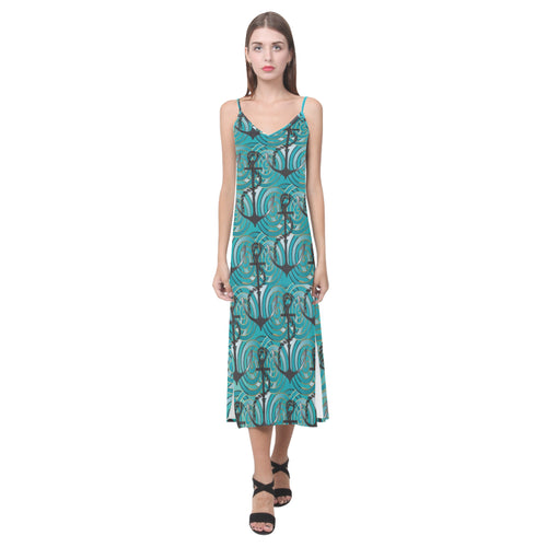 Anchor nautical green background V-Neck Open Fork Long Dress