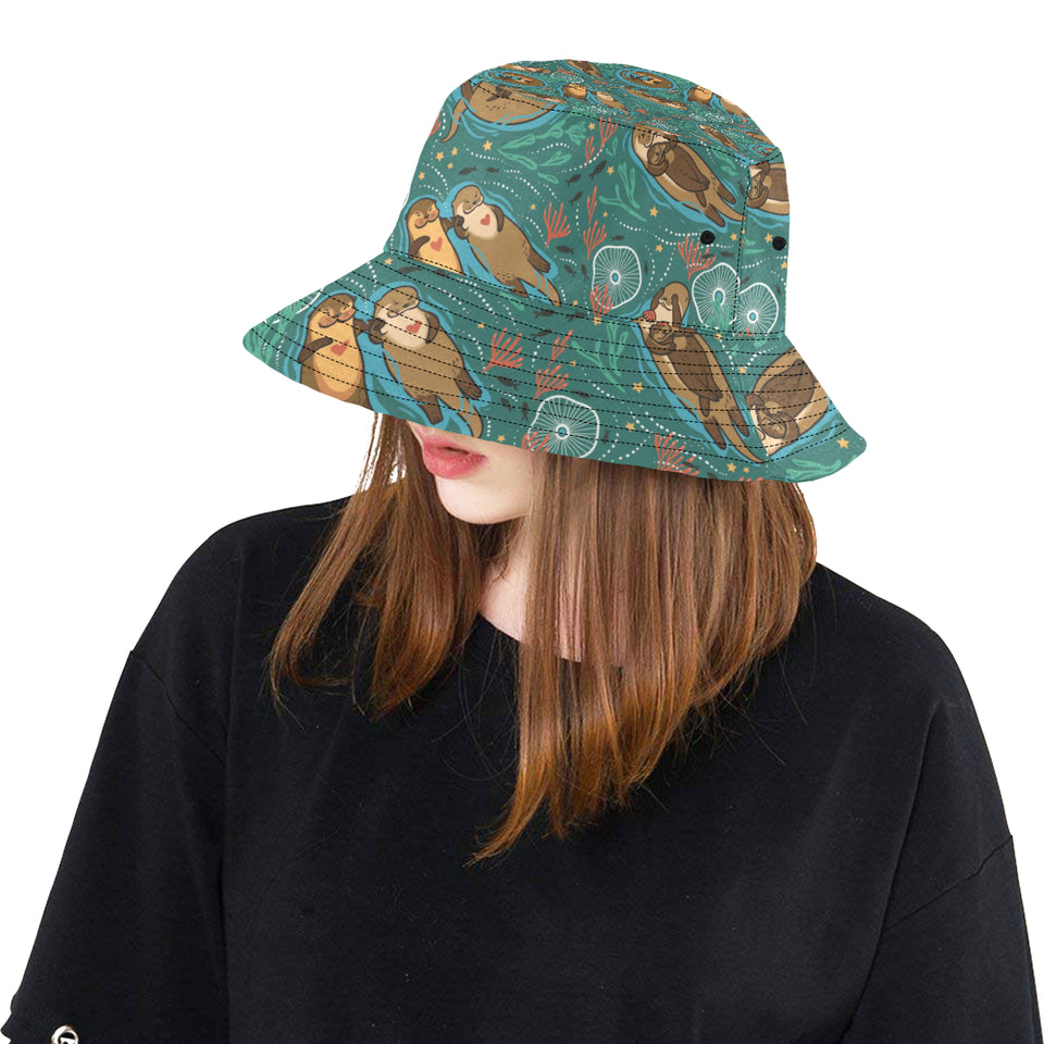 cute brown sea otters ornamental seaweed corals gr Unisex Bucket Hat