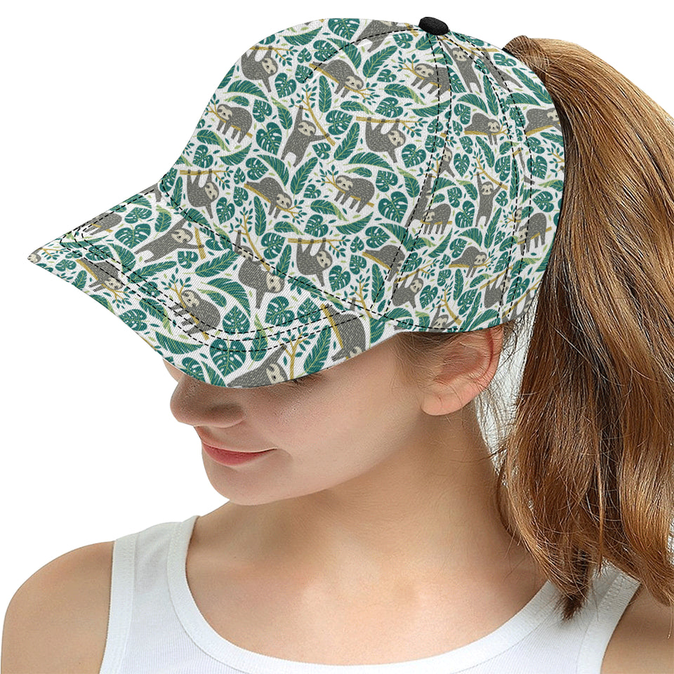 Cute sloths tropical palm leaves white background All Over Print Snapback Cap