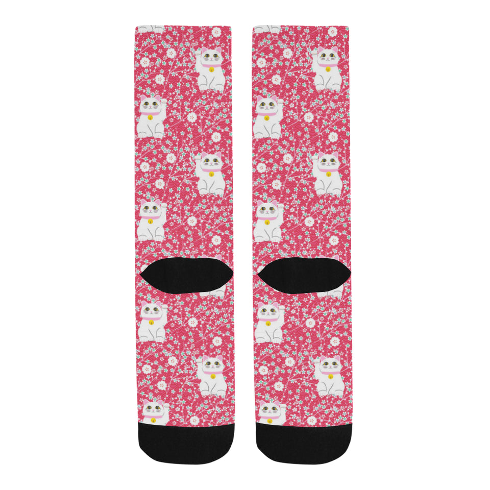 Maneki neko cat sakura pink background Crew Socks