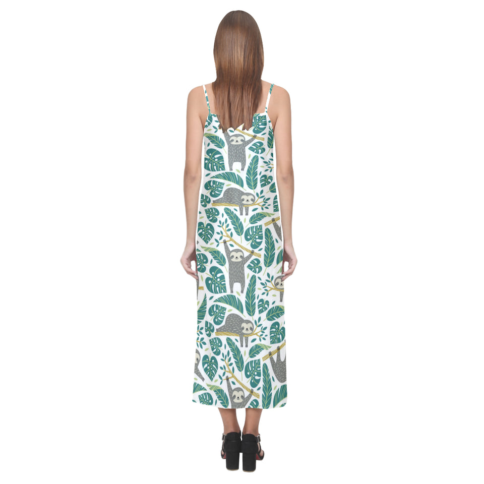 Cute sloths tropical palm leaves white background V-Neck Open Fork Long Dress