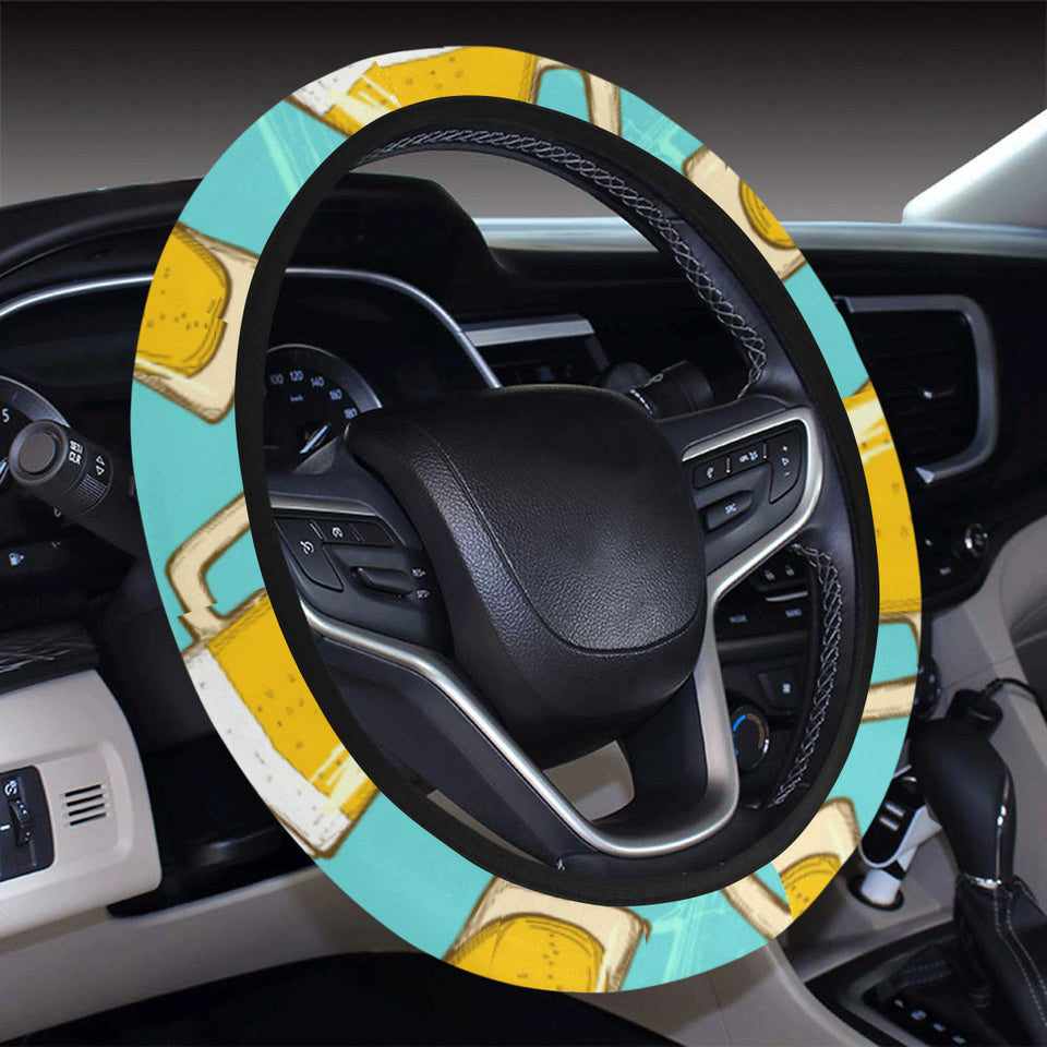 Beer pattern green background Car Steering Wheel Cover