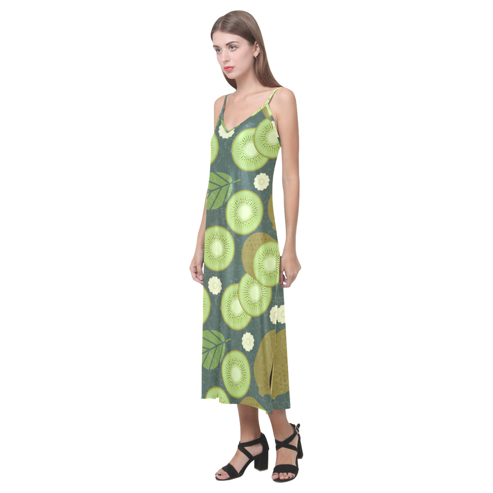 Whole sliced kiwi leave and flower V-Neck Open Fork Long Dress