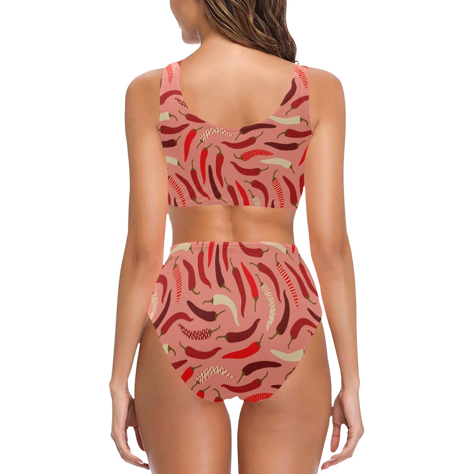 Beautiful Chili peppers pattern Chest Bowknot High Waisted Bikini Swimsuit