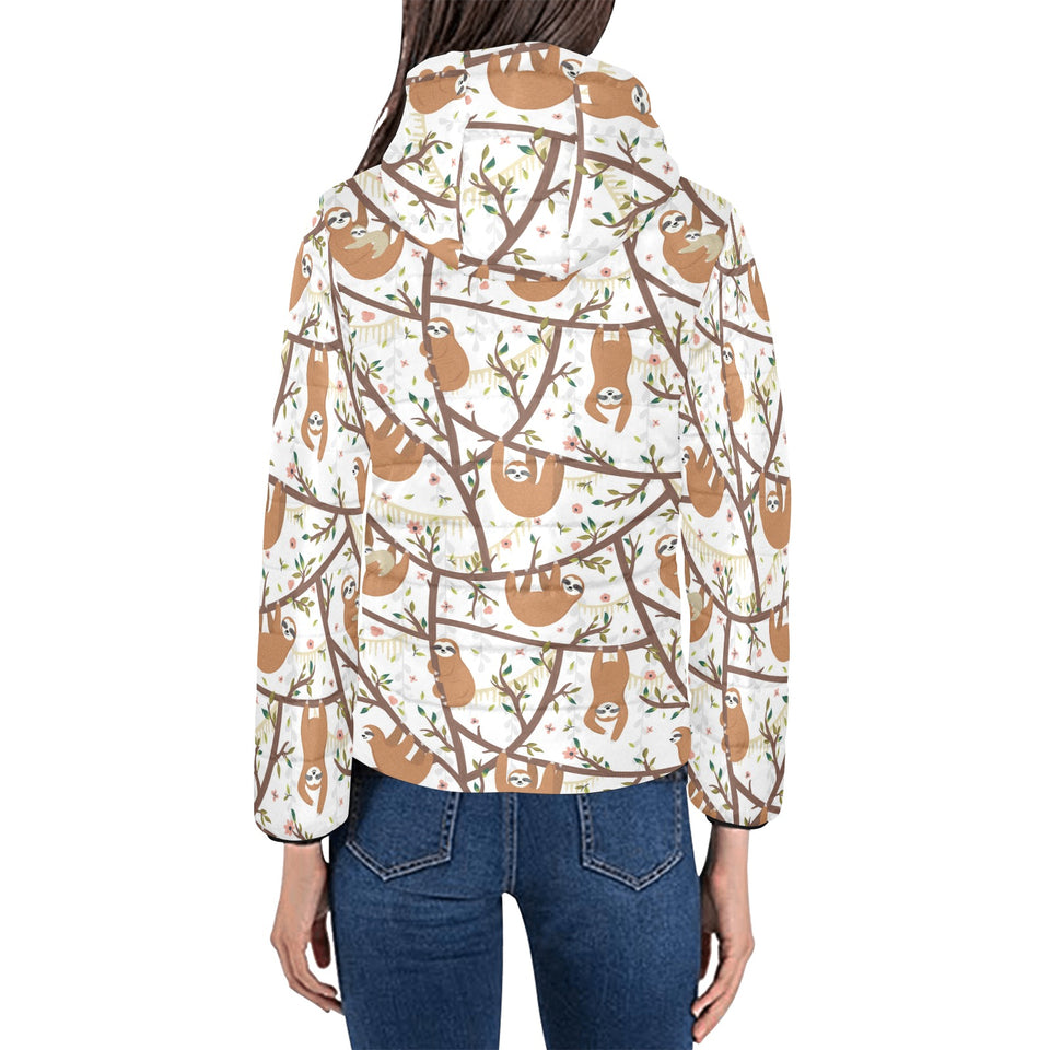 Sloths hanging on the tree pattern Women's Padded Hooded Jacket