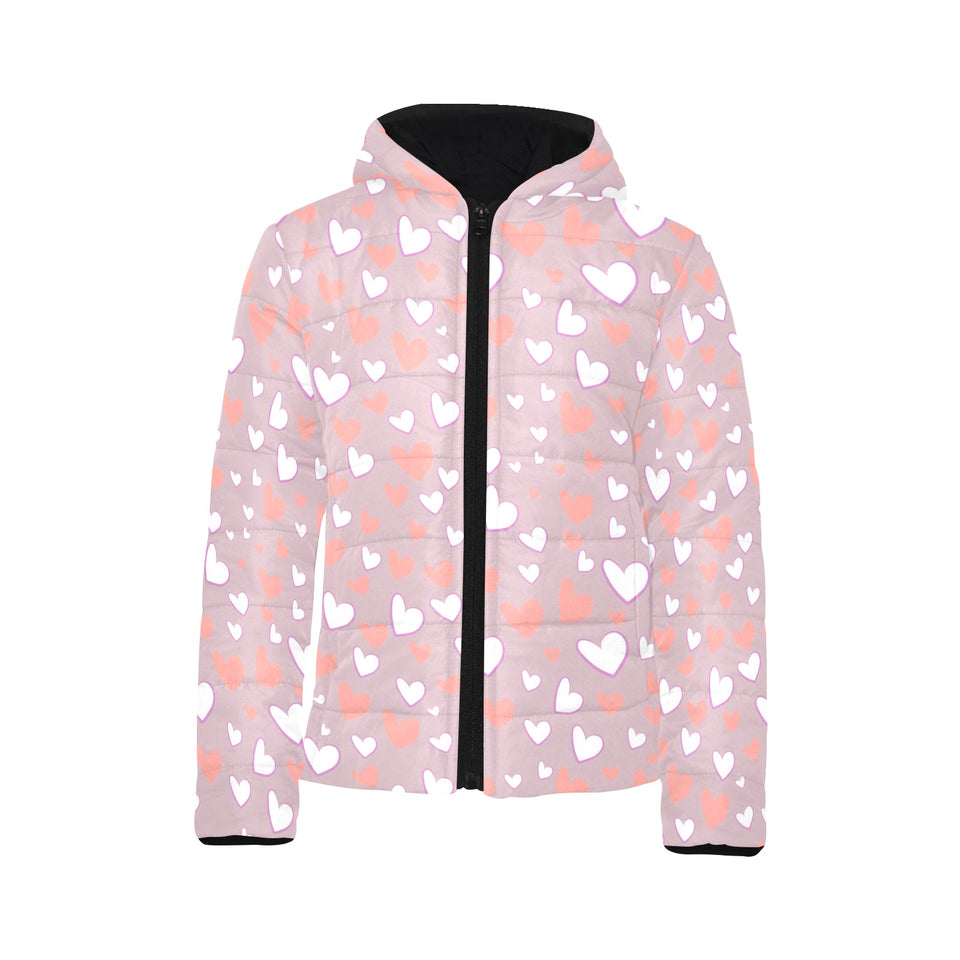 coral white heart pattern Kids' Boys' Girls' Padded Hooded Jacket