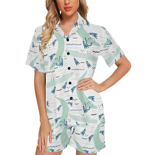 Crocodile diver pattern Women's V-Neck Short Pajama Set