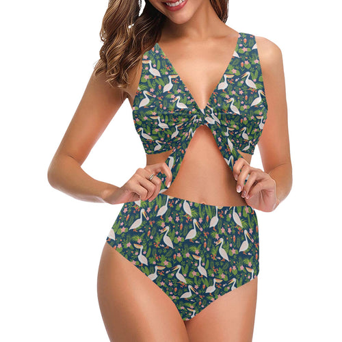 Pelican Pattern Print Design 05 Chest Bowknot High Waisted Bikini Swimsuit