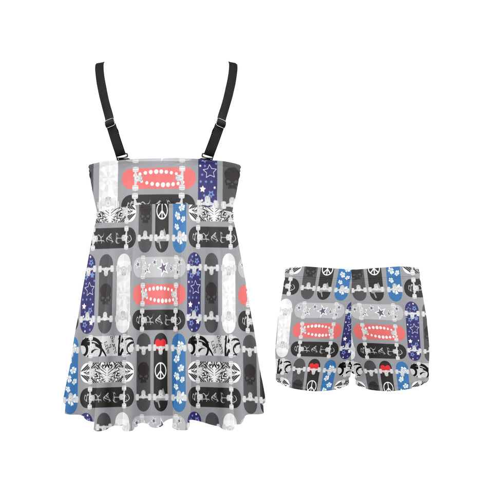 Skate Board Pattern Print Design 04 Chest Sexy Pleated Two Piece Swim Dress