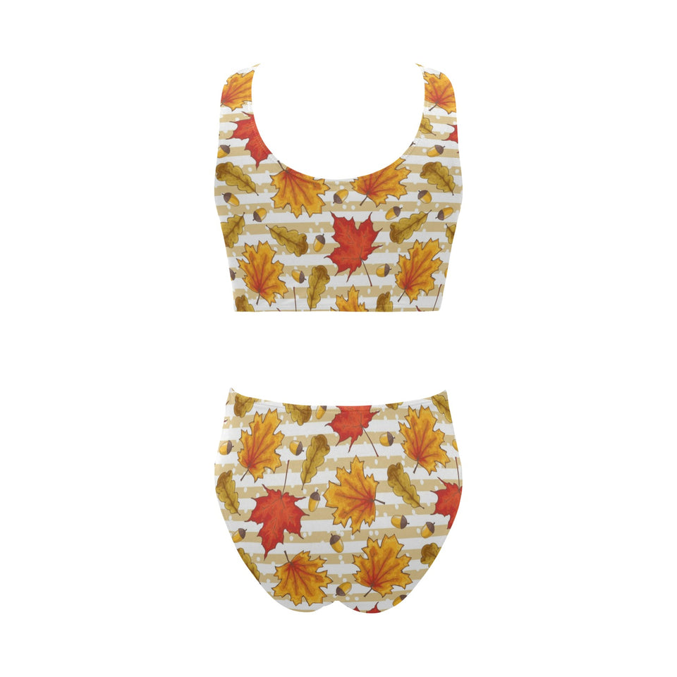 Maple leaf oak leaf acorns beige striped backgroun Chest Bowknot High Waisted Bikini Swimsuit