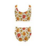 Maple leaf oak leaf acorns beige striped backgroun Chest Bowknot High Waisted Bikini Swimsuit
