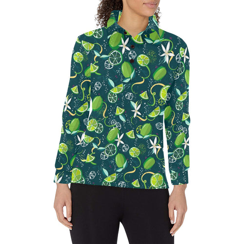 Lime ice flower pattern Women's Long Sleeve Polo Shirt