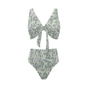 hand drawn blueberry pattern Chest Bowknot High Waisted Bikini Swimsuit