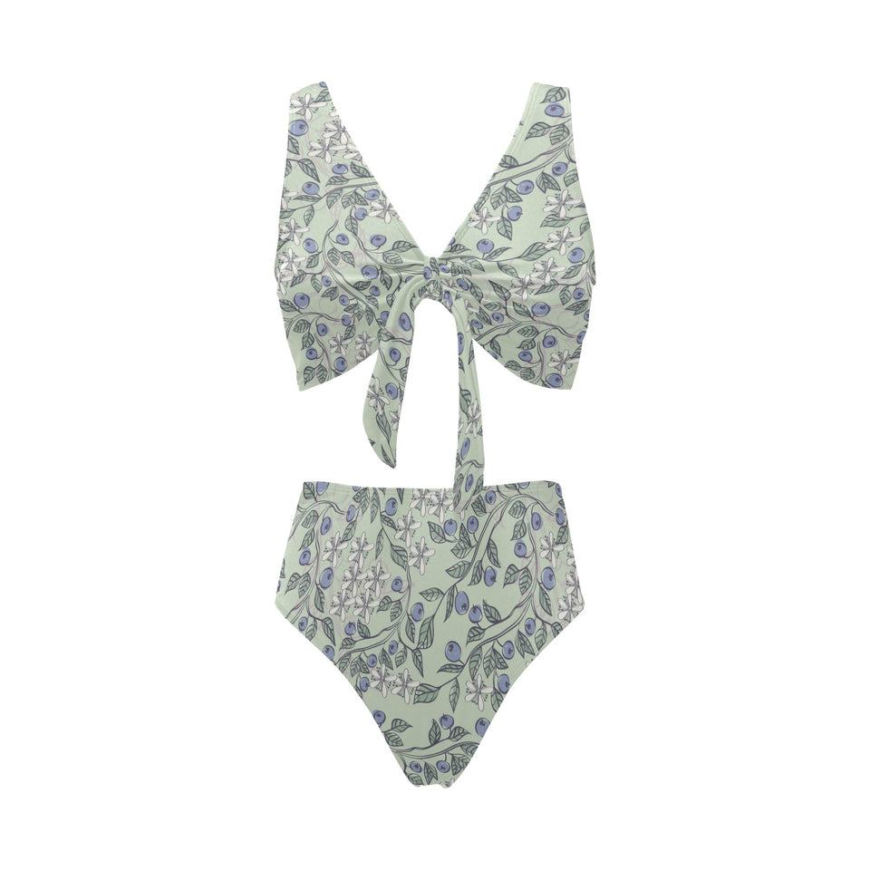 hand drawn blueberry pattern Chest Bowknot High Waisted Bikini Swimsuit