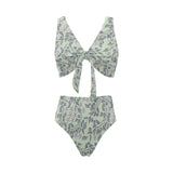 hand drawn blueberry pattern Chest Bowknot High Waisted Bikini Swimsuit