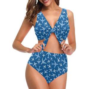Airplane pattern in the sky Chest Bowknot High Waisted Bikini Swimsuit