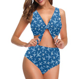 Airplane pattern in the sky Chest Bowknot High Waisted Bikini Swimsuit