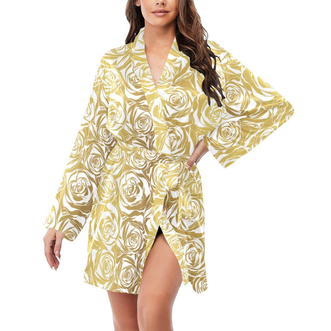 Rose Pattern Print Design 05 Women's Long Sleeve Belted Night Robe