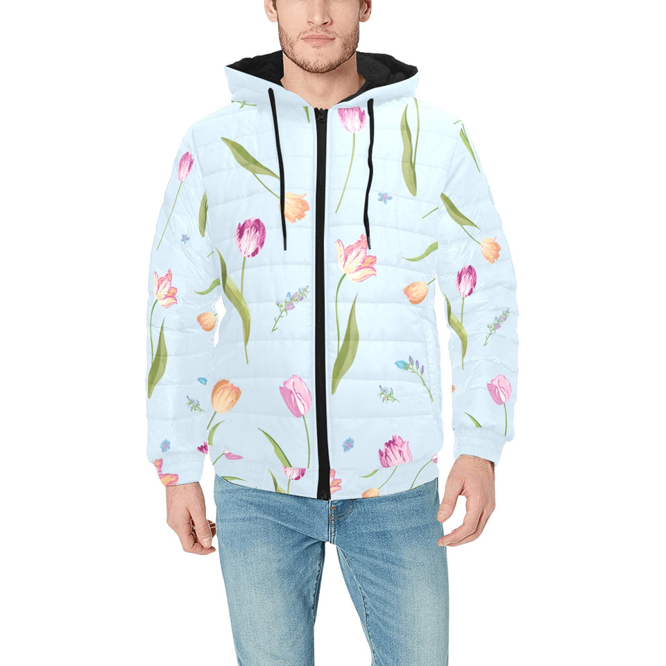 Watercolor Tulips pattern Men's Padded Hooded Jacket