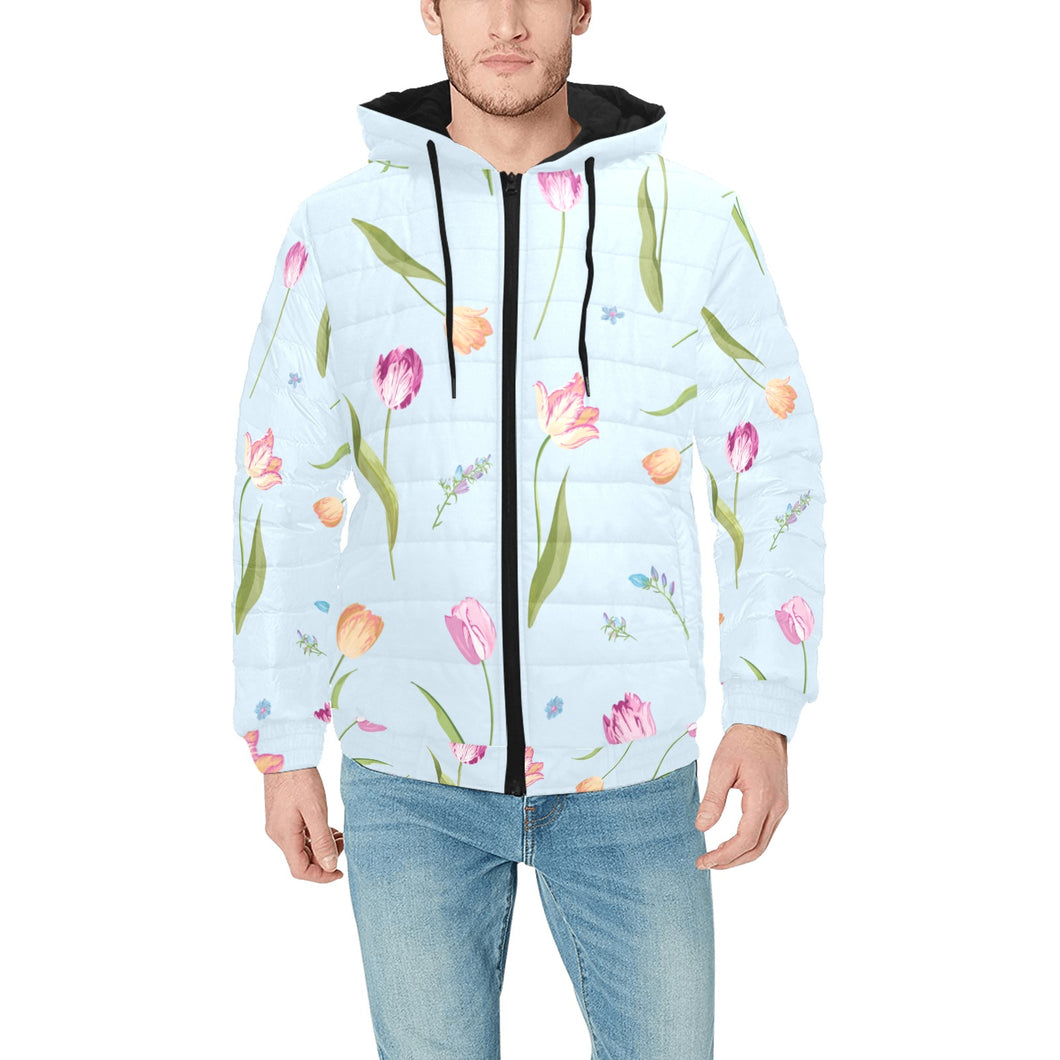 Watercolor Tulips pattern Men's Padded Hooded Jacket