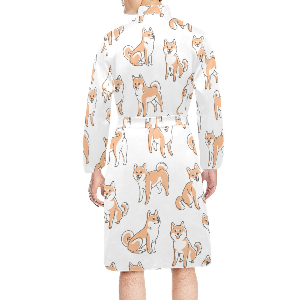 shiba inu dog pattern Men's Long Sleeve Belted Night Robe