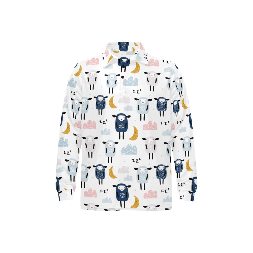 Cute sleeping sheep moon cloud pattern Men's Long Sleeve Polo Shirt