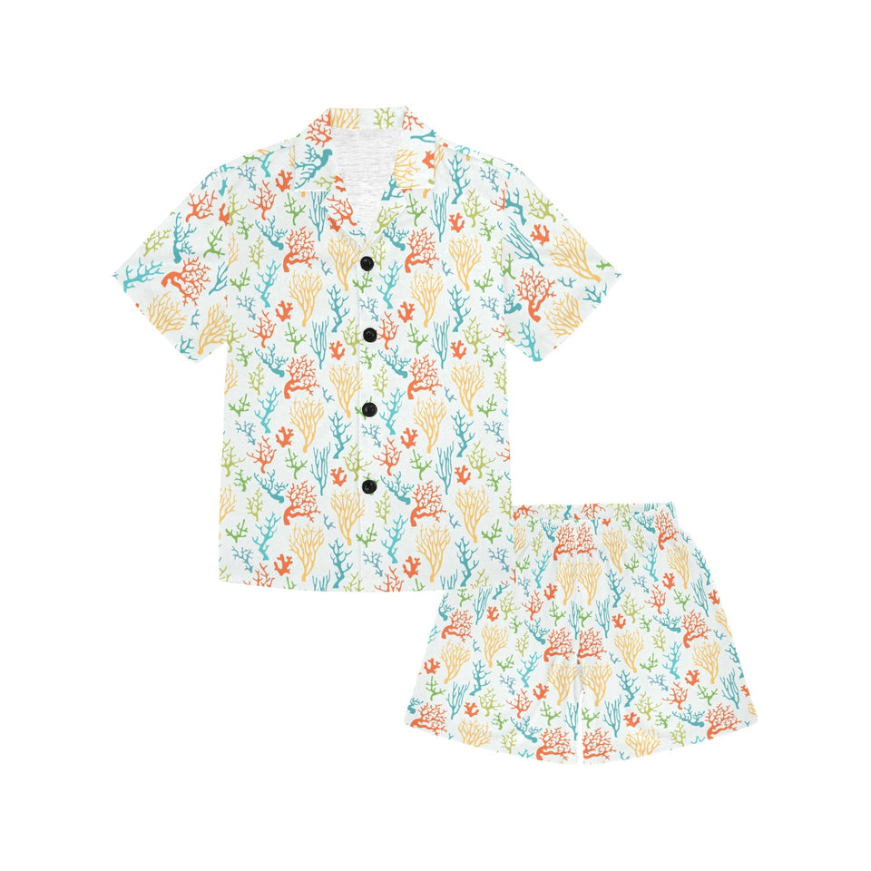 Coral Reef Pattern Print Design 02 Kids' Boys' Girls' V-Neck Short Pajama Set