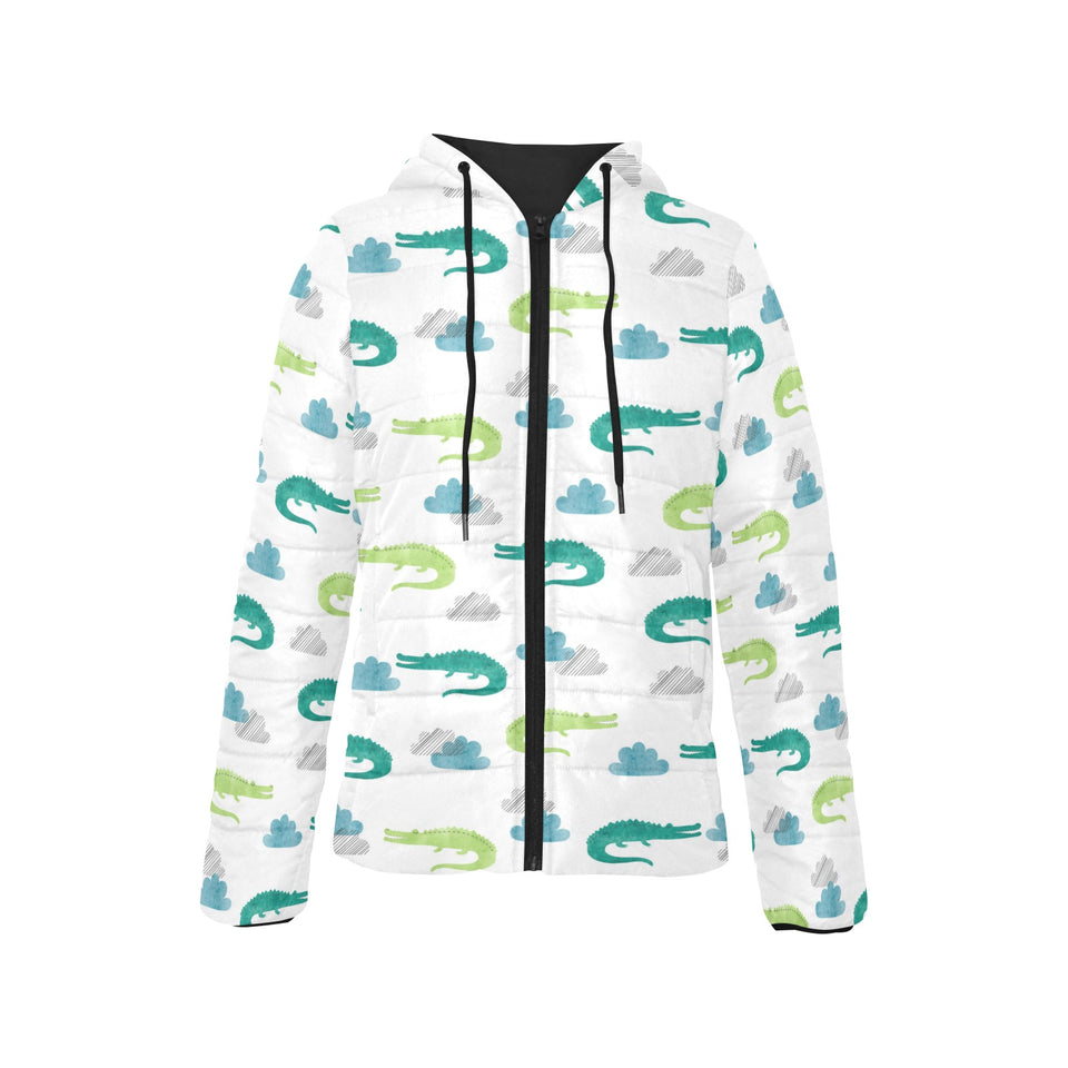 watercolor crocodile pattern Women's Padded Hooded Jacket