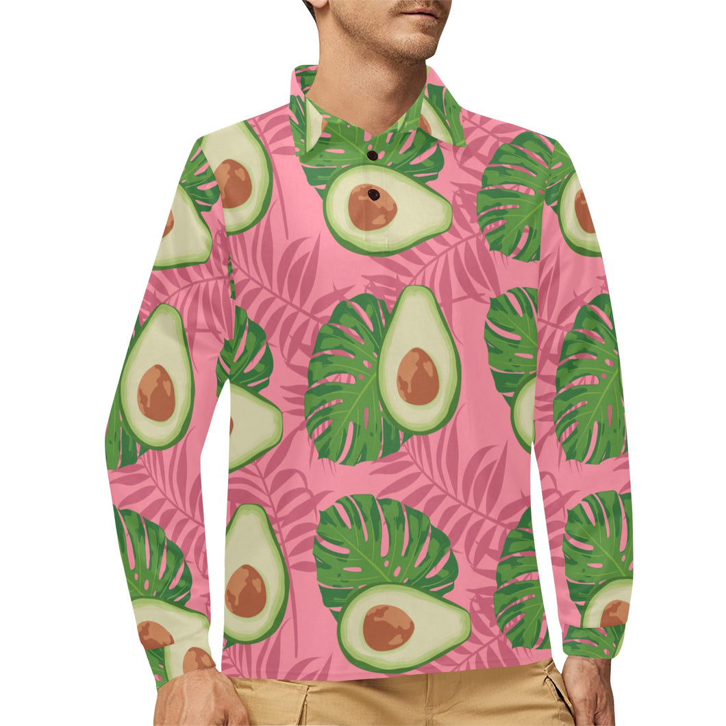 Avocado slices leaves pink back ground Men's Long Sleeve Polo Shirt