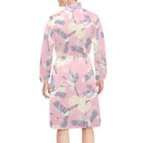 Japanese crane pink sakura pattern Men's Long Sleeve Belted Night Robe