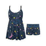 space pattern with planets, comets, constellations Chest Sexy Pleated Two Piece Swim Dress